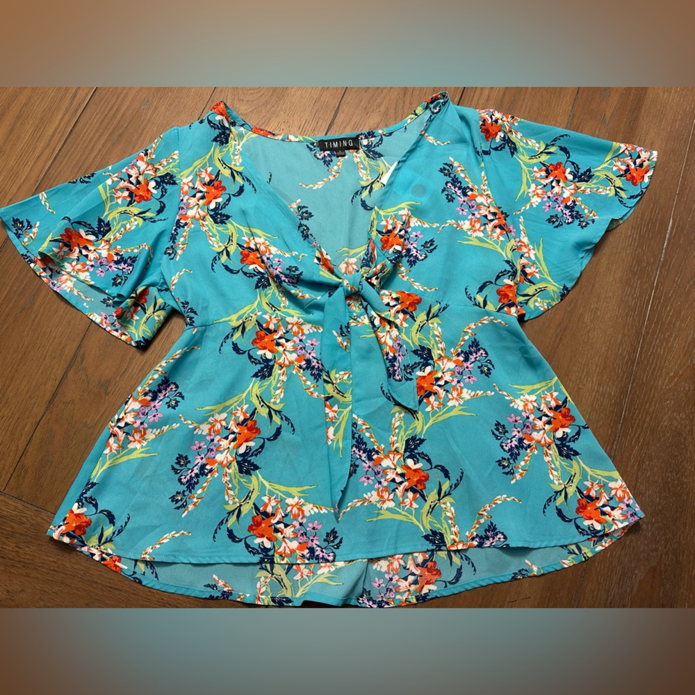 Timing Blue and Orange Flutter Sleeve Blouse with Tie Front